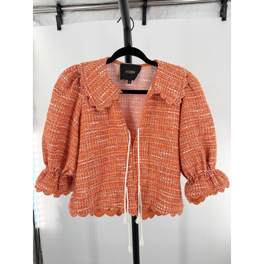 Maje Orange Tweed Cropped Jacket Scalloped Collar Tie Front Tassel Size 36